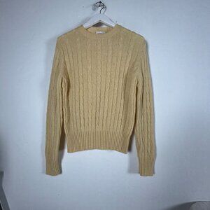 Cattivo Womens Shetland Wool Cable Knit Sweater Yellow Crew Neck Pullover Casual